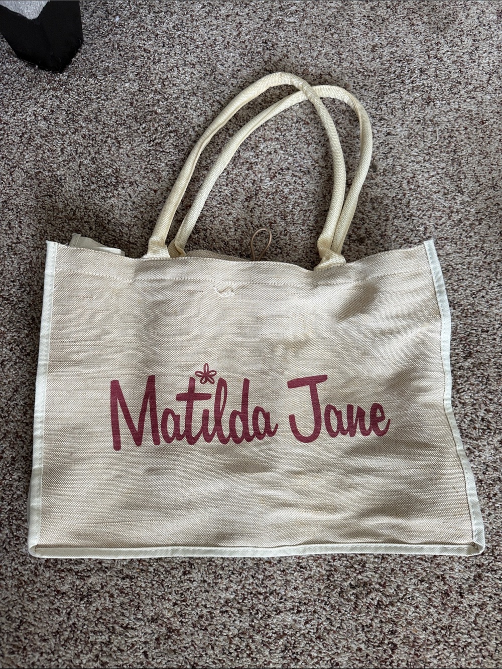 Matilda Jane Natural Canvas Tote with Pink Script Logo. Missing front button.